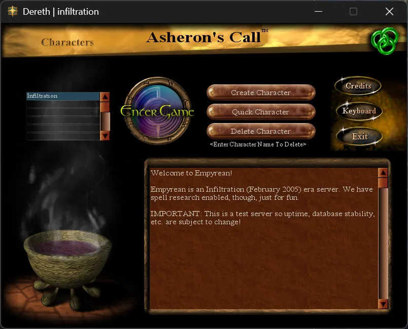 The classic character screen with the 1999 cauldron