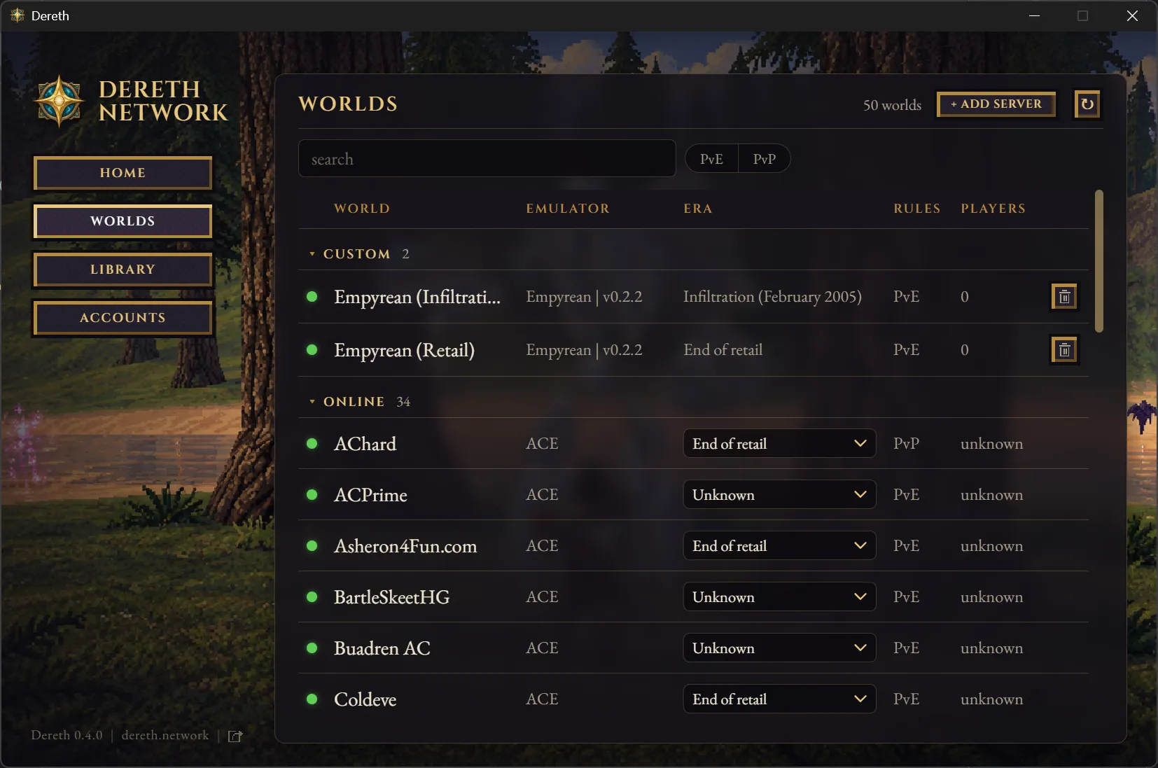 The launcher's world list, with each world's emulator, era and rules